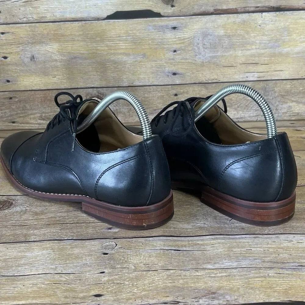 Black Leather Cap Toe Oxford Derby Dress Shoes SZ 7 Brown Stacked Heel‎ Mens